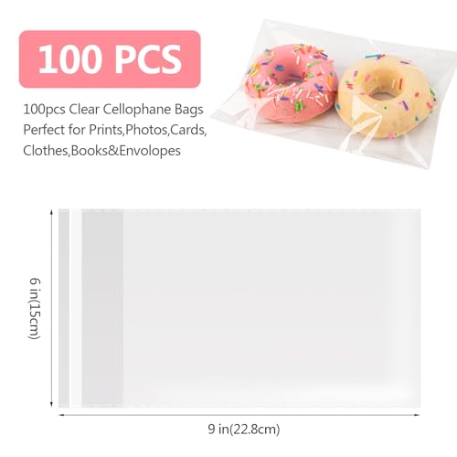 Cookie Bags with Seal, 6 x 9 inches, Pack of 100 Clear, Resealable Cellophane Bags, Food-Grade Self-Sealing Snack Bags, Ideal for Cookies, Candy, Baked Goods, Party Favors, and Gift Packaging - size: 6x9 Inch (Pack of 100)