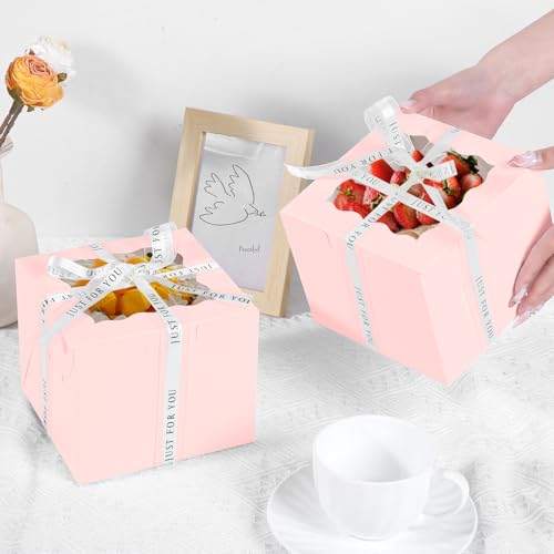 JCD 48PCS (24 Boxes &24 Boards) 8x8x5 Inches Pink Cake Boxes, Small Bento Cake Box, Mini Cake Boxes sets cake within 8'' Package for Pastries, Cupcakes, Birthday, Wedding(Pink8*8 * 5inch/24sets) - size: Pink 8*8*5inch/24sets
