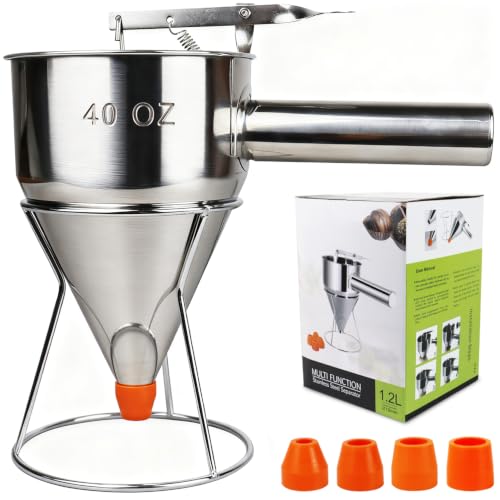Pancake Batter Dispenser, Large 40oz/1200ml Multi-Caliber Stainless Steel Funnel Cake Dispenser with Stand for Commercial and Home Use