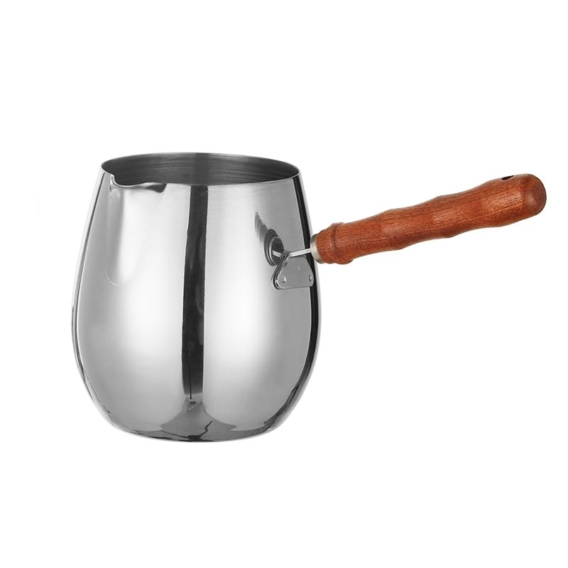 Turkish Coffee Pot 14oz/420ml with Wooden Handle, 18/8 Stainless Steel, Cezve Ibrik Briki Stovetop Warmer for Milk Butter Chocolate Melting, Greek Arabic Coffee Maker, Maple Syrup & Sauce Heating Pan - size: 0.4 Quarts