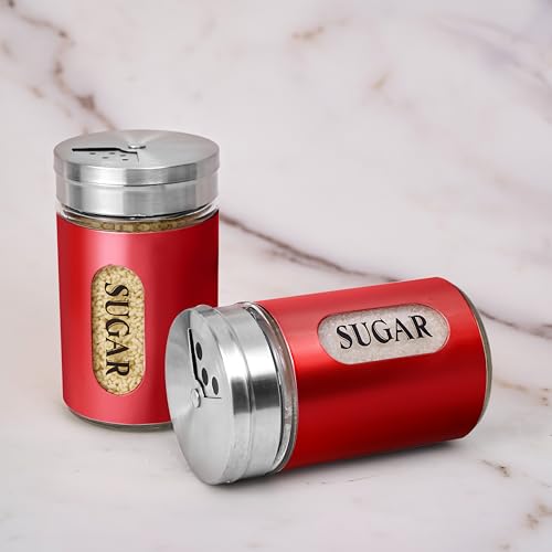 Sugar Shaker Duster Stainless Steel and Glass Set with Adjustable Pour Holes Cinnamon Shaker For Coffee Bar,set of 2 (Red) - color: Red
