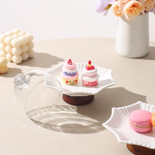 2 Pack 5.2 in Mini Ceramic Cake Stands with Glass Dome Covers, White Pedestal Dessert Display Plates with Acacia Wood Feet for Macarons, Cupcakes, Candy, Cheese and Tea Parties - color: Two 5.2-inch mini ceramic dessert cups