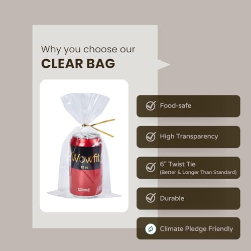 Wowfit 6x10 Clear Cellophane Treat & Goodie Bags, 50 CT, 6" Gold Twist Ties - size: 6x10 Inch (Pack of 50)