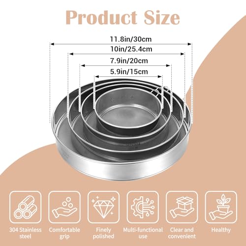 4 Pack Flour Sifter with Hanging Ring, Stainless Steel Fine Mesh Strainers, 5.9”/7.9”/10”/11.8” Round Sieve for Baking Cake Bread, 40 & 60 Mesh (Silver)