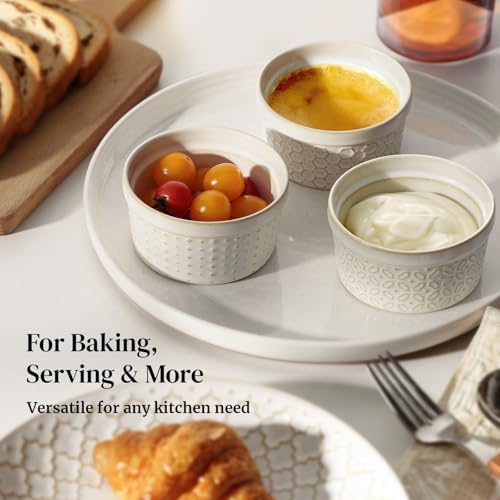 DOWAN Ramekins Oven Safe with Lids 4 oz, Charcuterie Boards Bowls Set for Creme Brulee, Souffle, Dipping Sauces, Custard Cups Ceramic Food Storage Containers, Set of 6, Beige - size: 4 oz