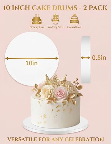 2 Pack 10 Inch Cake Drums Round, 1/2" Thick Sturdy White Cake Boards