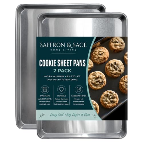 Commercial Quality Cookie Sheet Pan - 2 Pack Aluminum Half Sheet Baking Pan by Saffron & Sage Home Living - This 18x13 Rimmed Baking Sheet Set is Rust & Warp Resistant, Heavy Duty, of Thick Gauge - size: 2 Pack Cookie Sheet