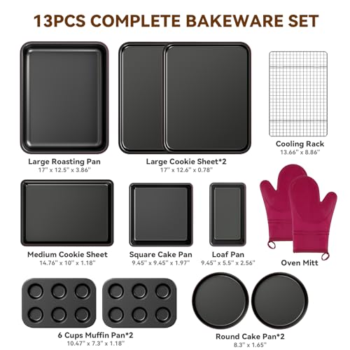 Wildone 13-Piece Baking Pans Set, Nonstick Bakeware Sets, Plum - color: Plum