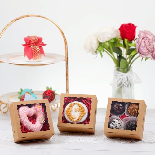 50 Pack Cookie Boxes with Window 4x4x2 Inch,Bakery Boxes - color: Brown