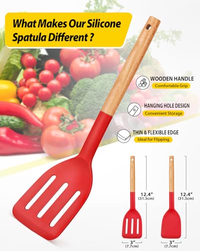 BUNDLEPRO Silicone Spatula, Solid & Slotted Turner, BPA-Free, 2 Pack, Red - color: Red