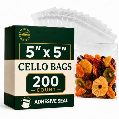 Seal Fresh 5 x 5 Inch Cellophane Bags 200 Pack — Clear Self-Sealing Resealable Treat Bags for Cookies, Candy, Pastries, Party Favors, Square Cello Packaging - size: 5" x 5"