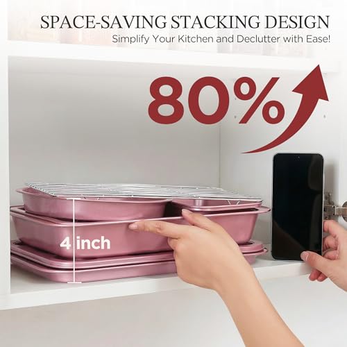 KITESSENSU Baking Pans Sets, Nonstick Bakeware Sets 19-Piece with Round/Square Cake Pan, Loaf Pan, Muffin Pan, Cookie Sheet, Roast Pan, Cooling Rack, Carbon Steel Bake Set Pink - size: Pink