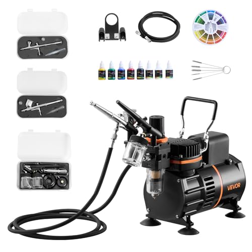 VEVOR Airbrush Kit, 1/6 HP, Air Brush Kit with Air Compressor, 3 Dual-Action Professional Airbrushes with 3 Tips, Hose, Acrylic Paint, 2 Fans, Low Noise, for Cake Decorating, Model Painting, Nail Art - color: 6 Colors Set