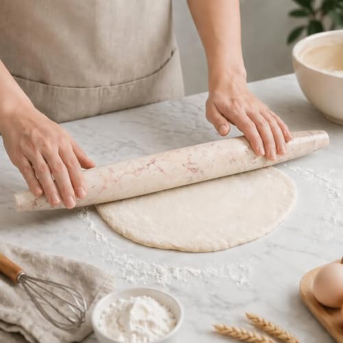 Natural Marble Rolling Pin for Baking, 15.6” Non-Stick Stone Dough Roller - color: 15.6"x1.48"-Rosa Crema