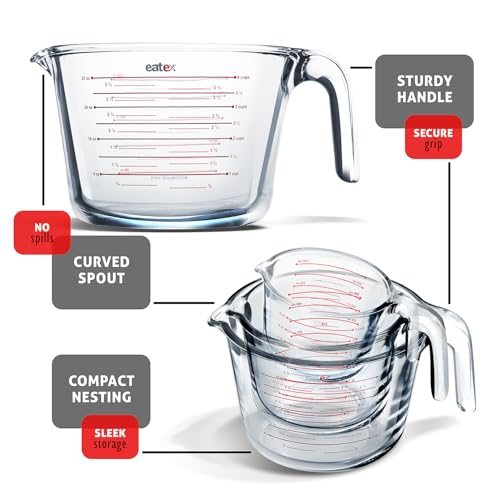 Eatex Glass Measuring Cups Set of 3 - Liquid Measuring Cups, Glass Measuring Cup Set - 1,2,4 Cup Measuring Cup - Dishwasher Oven, Microwave Safe Measure Cups - size: Set of 3
