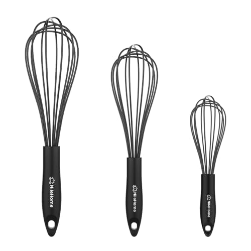 NileHome Silicone Whisk Set 8" 10" 12" Kitchen Whisk Black,3-pack - size: 3-Pack
