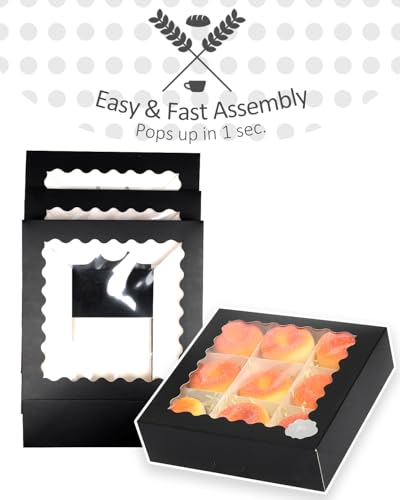 qiqee 8x8x2.5 Inch Black Pastry Box With Window Donut Pie Boxes 12pcs Bakery Box (Auto-pop Up) - color: 12Packs, Black