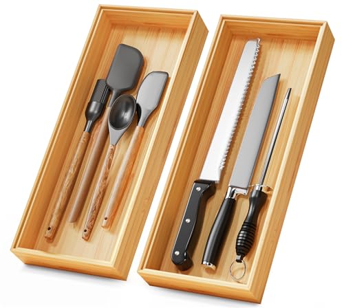 Bamboo Kitchen Drawer Organizer Set of 2, 15" x 6" Stackable Wood Tray - size: 15" x 6" x 2"
