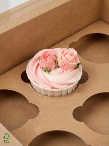 qiqee Auto-pop Up Cupcake Boxes with Window Brown 40PCS 12 Count Cupcake Box 13"x10"x3.5" Cupcakes Carrier, 12 Cupcake Containers with 2 rolls of pink ribbons - color: Brown, size: 12 Holder/40 Packs