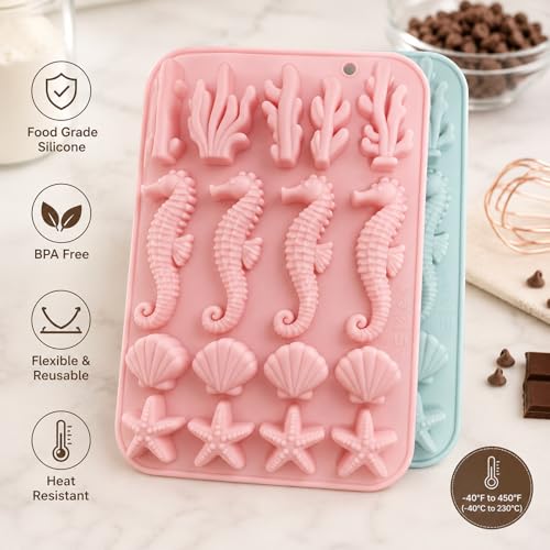 2 Pack Marine Theme Cake Silicone Mold Ocean Silicone Mold Ocean-Themed Baking Molds with Seahorse Starfish Seashell Coral Designs for Chocolate Candy Handmade Soap Resin Epoxy Fondant Ice Cube DIY - size: 17 Cavity