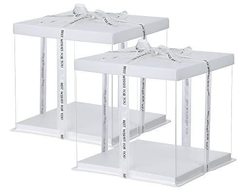 XININSUN 2Pcs Large Cake PET Clear Box, 10" X 10" X 9" with ribbon and pre-folded lid, for 8" cake packing carry, baking cookie display, Carry Tall Layer Gift, Festive Gift Box -White - color: white-10x10x9inch-2Pcs
