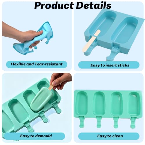 Silicone Popsicle Molds, 2 Pcs Blue and Green Popsicles Molds, 4 Cavities Ice Cream Mold with 50 Wooden Sticks for Making Cakesicles Fudgesicle Candy DIY Cake Ice Pop Summer Party Supplies - color: Blue and Green