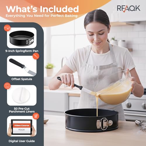 RFAQK 9 Inch Springform Pan Nonstick Leakproof - Spring Form Pan for Cheesecake with Removable Bottom, Include Spatula & 50pcs Parchment Paper, Recipe E-Book - Ideal for Baking Cakes, Pizzas, & More! - size: 9-Inch
