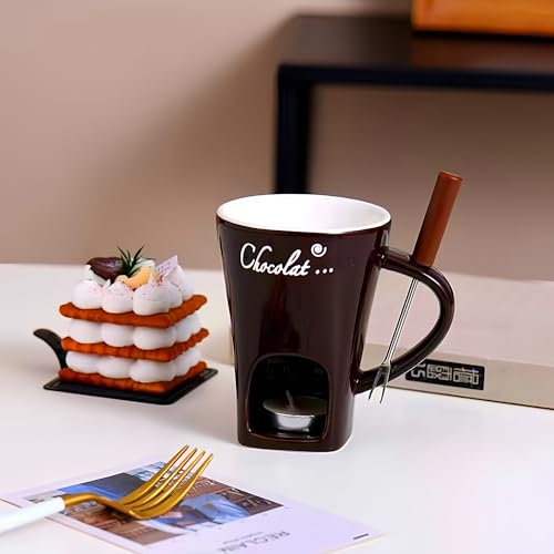 Chocolate Melting Mug Cheese Candy Mini Fondue Pot With Forks (Brown) - color: Brown