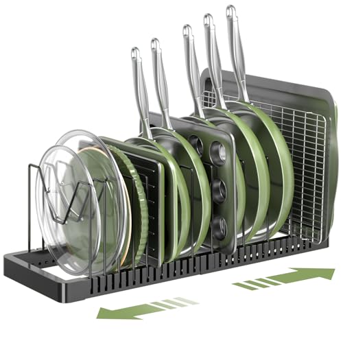 PanPanPal Pots and Pans Organizer under Cabinet, Expandable Pot Lid Organizer Holder with 14 Adjustable Compartment, Pan Organizers inside Cabinet for Lids, Bakeware, Kitchen Storage Pot Rack, Black - size: 14 Dividers
