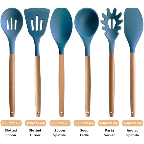 Silicone Cooking Utensils Set 6Pcs Heat Resistant Silicone Kitchen Utensils Set for Cooking Spatula Spoon Turner Ladle w Wooden Handle, BPA FREE Kitchen Gadgets for Nonstick Cookware & Baking - color: Blue, size: Standard 6-Piece Set