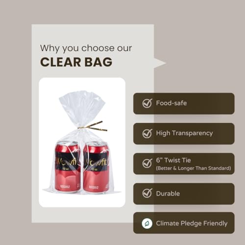 Wowfit 8x12 Clear Cellophane Gift & Goodie Bags, 50 CT, 6" Gold Twist Ties - size: 8x12 Inch (Pack of 50)
