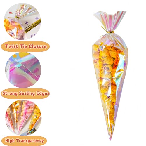 MITOB 50 Pack Cone Shaped Clear Cellophane Treat Bags with Twist Ties - size: 6.1x10 inch (Cone Shaped)