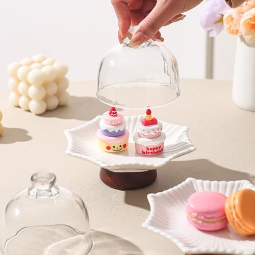 2 Pack 5.2 in Mini Ceramic Cake Stands with Glass Dome Covers, White Pedestal Dessert Display Plates with Acacia Wood Feet for Macarons, Cupcakes, Candy, Cheese and Tea Parties - color: Two 5.2-inch mini ceramic dessert cups