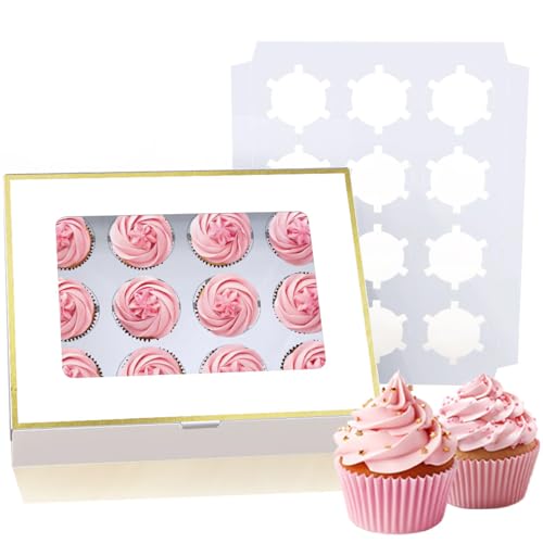 Poppy's (20 Pack) Gold-Trimmed Cupcake Boxes - 12 Count Cupcake Containers with Removable Inserts, Transparent Window Cupcake Holder - color: 20 Pack