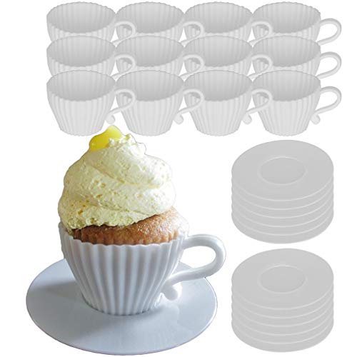 Evelots 24-Piece Silicone Teacup Cupcake Molds, 12 Cups & Saucers, BPA-Free - color: White, size: 24 Piece Set