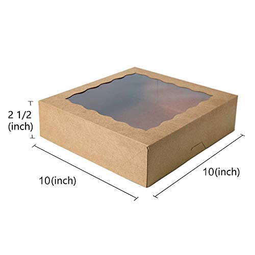 ONE MORE [15pcs] 10inch Kraft Bakery Boxes, Large Pie Boxes with PVC Window Natural Disposable Box for Cookie 10x10x2.5inch,Pack of 15