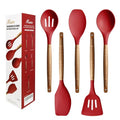Kitchen Utensils Set, Silicone Cooking Utensils Set,Non-Stick Silicone Spatula Set with Natural Acacia Hard Wood Handle, 5 Piece, Upgraded Thickened Cookware - color: Red