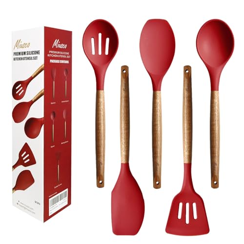 Kitchen Utensils Set, Silicone Cooking Utensils Set,Non-Stick Silicone Spatula Set with Natural Acacia Hard Wood Handle, 5 Piece, Upgraded Thickened Cookware - color: Red