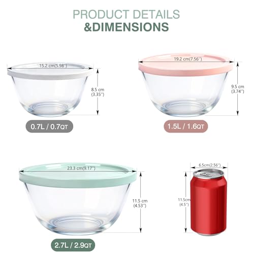 Greentainer Borosilicate Glass Mixing Bowls with BPA-Free Lids Set of 3 (2.9, 1.6, 0.7 QT), Clear Salad Bowl for Kitchen Baking, Cooking, Serving, Meal Prep, Dishwasher, Freezer & Microwave Safe