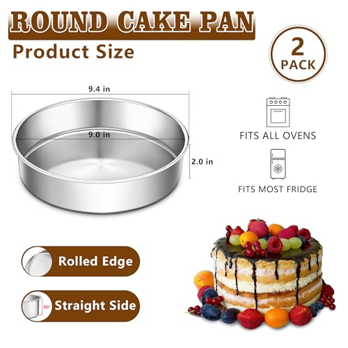 LIANYU 9 Inch Round Cake Pan Set of 2, Stainless Steel Layer Pan for Baking - size: 9x2 Inch