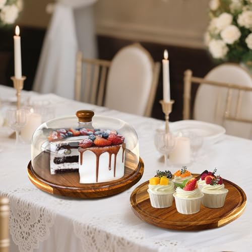 Rotating-Wood-Cake-Stand With Acrylic Dome Lid, Round Wooden Cake Holder Plate With Cover, 2-in-1 Dessert Table Display Set For Party, Charcuterie Board For Cheese, Chips & Dips, Nachos, Fruit Platter - size: 11.6''W*7.6''H-Rotating