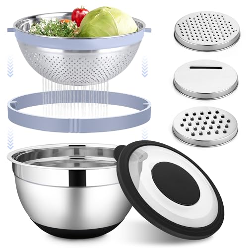 HaWare Mixing Bowl with Colander, 4-1 Bowl with Lids & 3Pcs Nesting Graters - color: Black