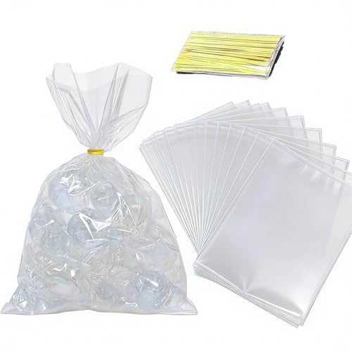 Clear Cellophane Treat Bags with Gold Twist Ties 100 Pcs 6×9 Inch Perfect for Candies, Cookies，Party Favor Packaging - color: Clear
