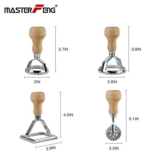 Ravioli Stamp Maker Cutter with Roller Wheel Set, Mold with Wooden Handle and Fluted Edge, Pasta Press Kitchen Attachment (MF-1246) - size: 4 piece