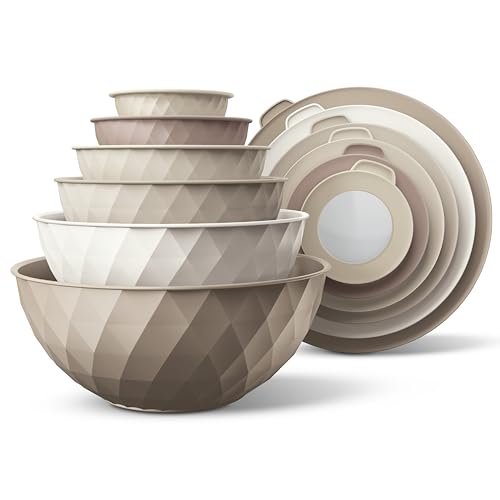COOK WITH COLOR Mixing Bowls with Lids - 12 Piece Plastic Nesting Bowls Set includes 6 Prep Bowls and 6 Lids, Microwave Safe Mixing Bowl Set, Brown Diamond - color: Brown Diamond