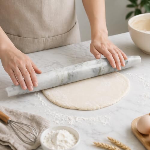 Natural Marble Rolling Pin for Baking, 15.6“ Non-Stick Stone Dough Roller - color: 15.6"x1.48"-Bianco Palomino