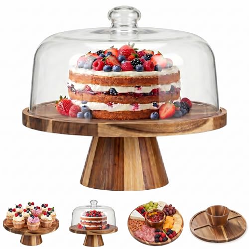 Acacia Wood Cake Stand with Lid 11.4" Charcuterie Board With Lid Multiuse Wooden Cake Stand with Dome Acrylic 6 in 1 Wood Cake Stand With Lid - color: Brown