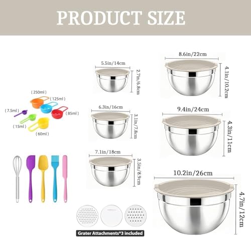 Khaki Stainless Steel Mixing Bowls with Lids Set, 6pcs - color: Khaki 6 Size