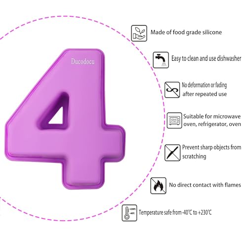Ducodocu Large Silicone Number Cake Mould 3D Novelty Cake Pan DIY Baking Mold for Birthday Anniversary Number of 4 - size: 4