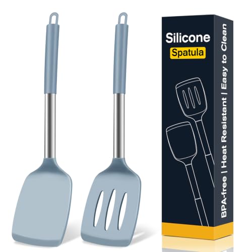 2 Pack Silicone Spatula Set, Solid & Slotted Turner for Non-Stick Pans - color: Blue